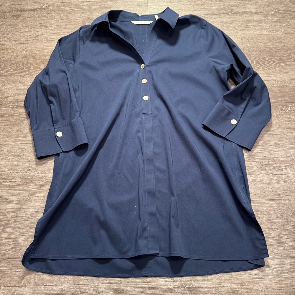 Foxcroft Shirt Women 14 Blue Cotton Non-Iron Tunic Career Office Classic Preppy